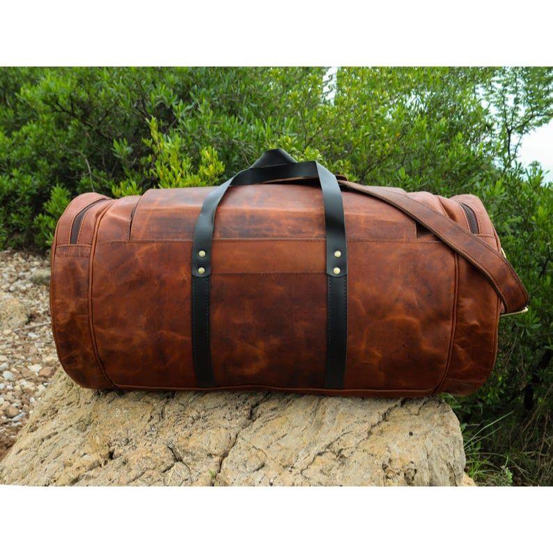 Buffalo Leather Duffle Bag–Handmade Choco Brown Weekender, Gym & Cabin Holdall–Full Grain Overnight Travel Bag-Gift for Men