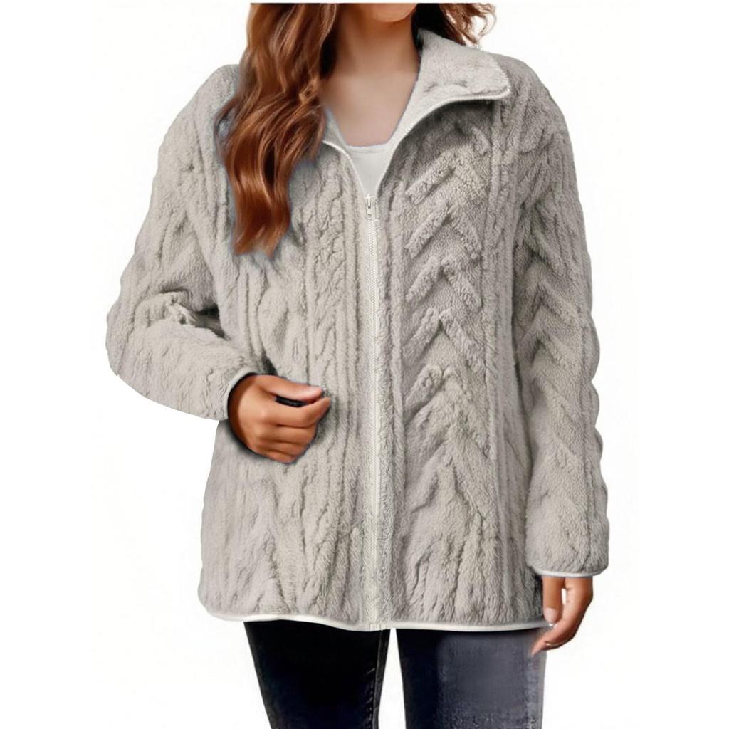Women's Casual Zipper Knitted Stand Collar Sweater Long Sleeve Warm Coat