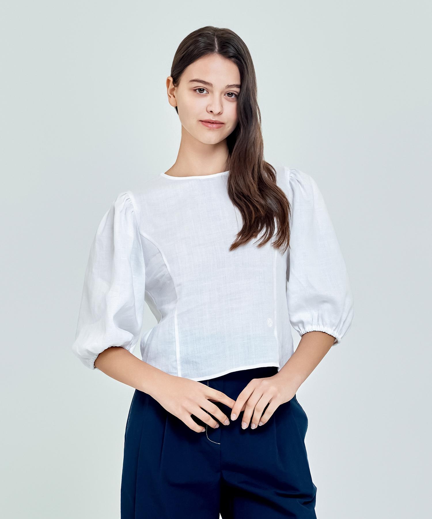 Depassion Linen Shirred Short Sleeve Crop Blouse (White) Free/Free