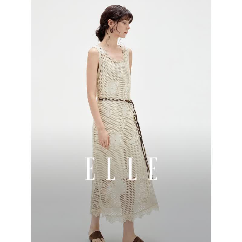 ELLE Retro Hollow Lace Patchwork Sleeveless Midi Dress XL