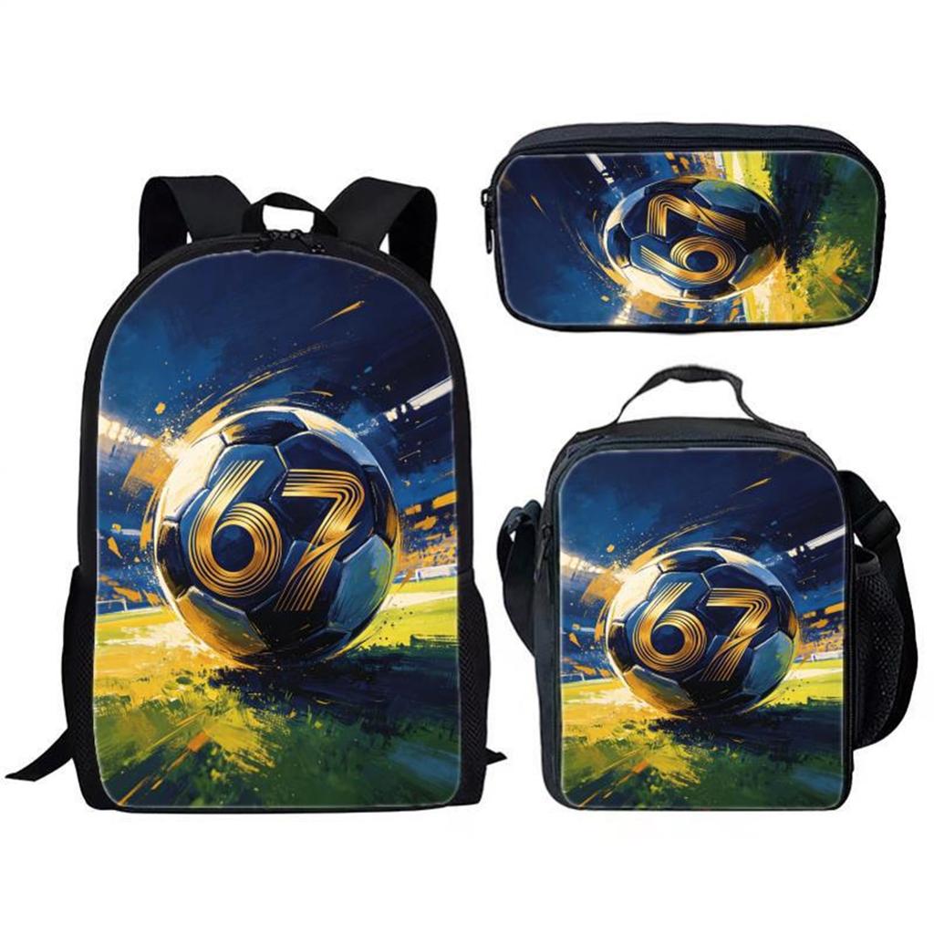 Three Piece Student Backpack Set Includes Backpack Lunch Bag Pencil Case Durable Material Suitable for School Use Sports Theme Design