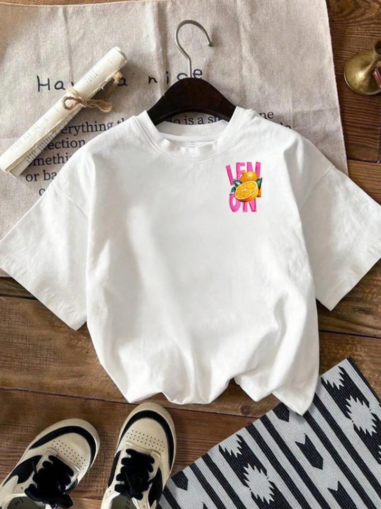 Orange Rundhals Damen T-Shirt Rundhals Kurzarm Mode Druck Kurzarm Frucht Print Shirt Damen T-Shirt