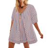 Summer Tshirt Rompers for Women,Casual Striped Puff Short Sleeve Rompers,Adjustable Neck Oversized Jumpsuit with Pockets