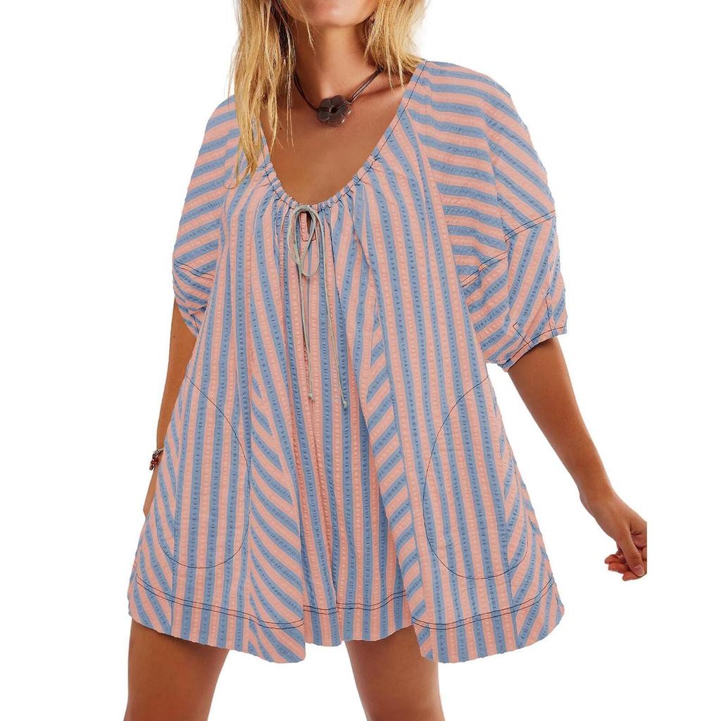 Summer Tshirt Rompers for Women,Casual Striped Puff Short Sleeve Rompers,Adjustable Neck Oversized Jumpsuit with Pockets
