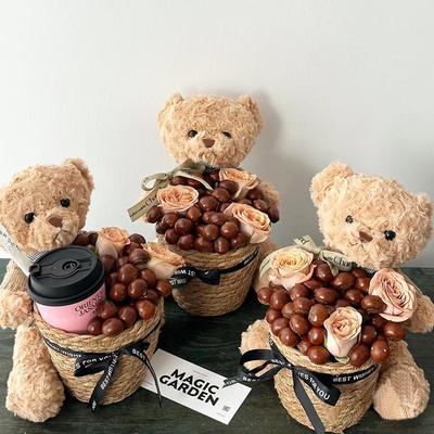 Popular Chestnut Teddy Bear Milk Tea Bouquet Basket Arrangement