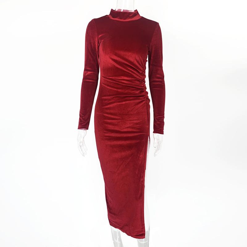 Sexy Velvet Pleated Turtle Neck Dress Women's Autumn Winter Warm Long-sleeved Slim Slit Package Hip Dresses Evening Party Gowns