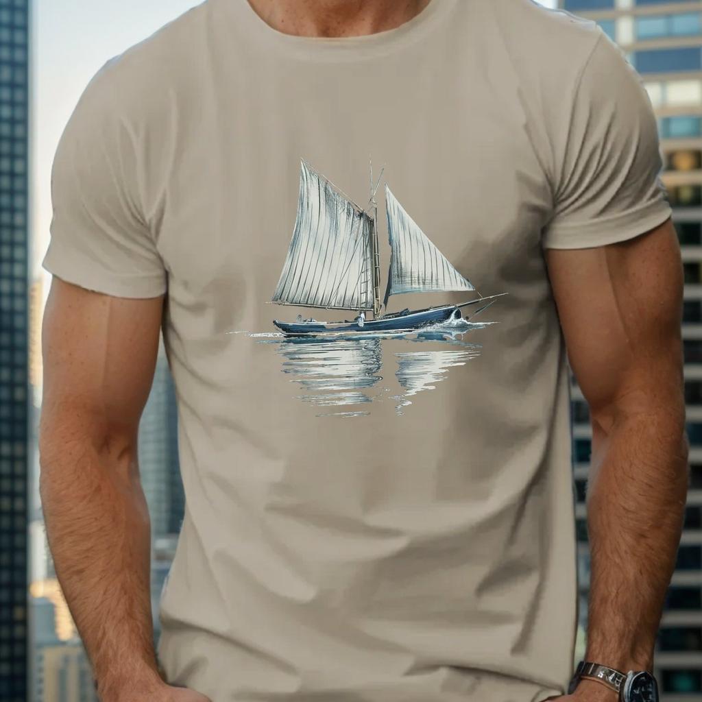Men'S Vintage Sailboat Print T-Shirt, Casual Crew Neck Slight Stretch Regular Fit Summer Top for Adults Men Clothing