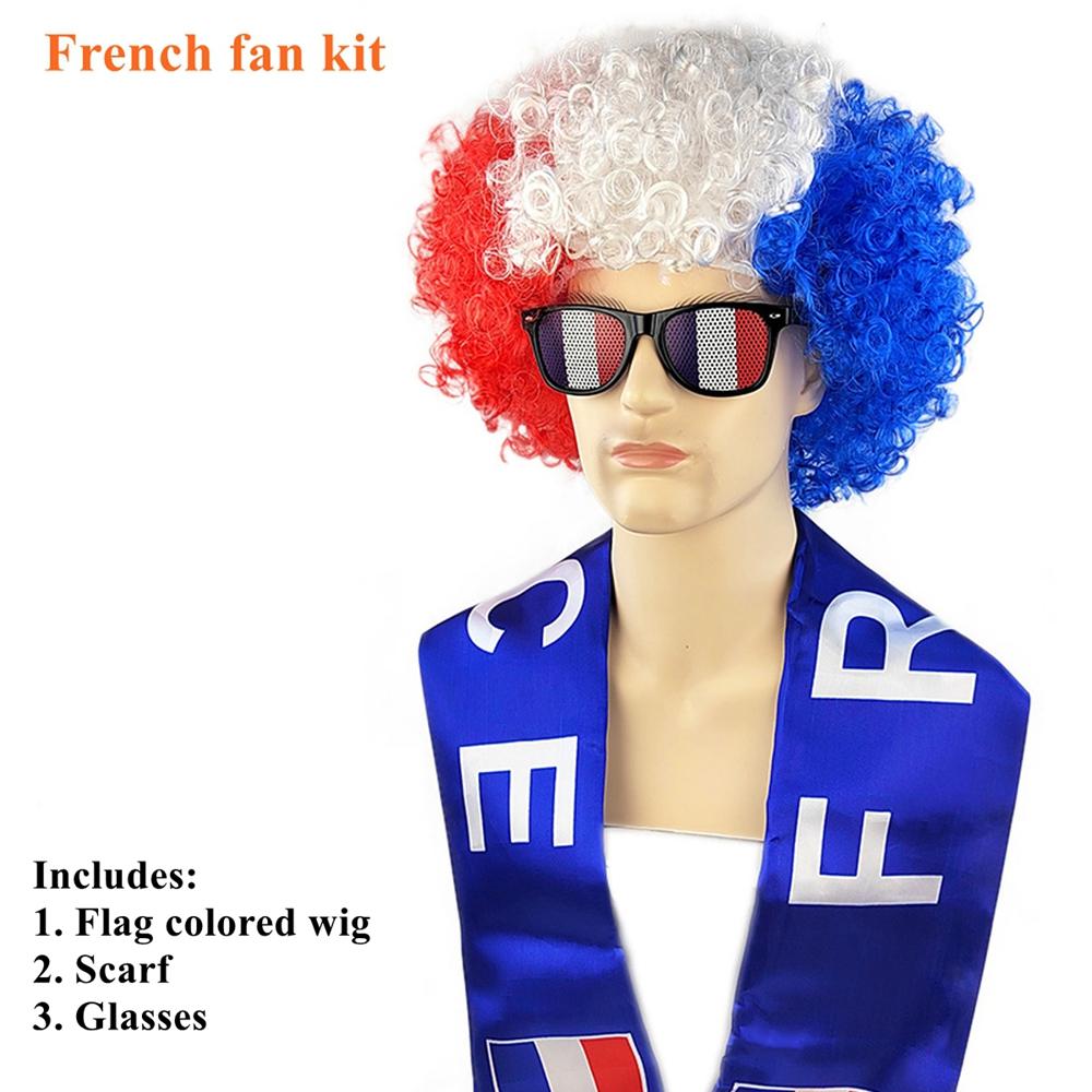 

Football Events Fan Costume Set National Flag Colored Afro Wig with Scarf & Glasses Dress Up Accessories for Football Carnival