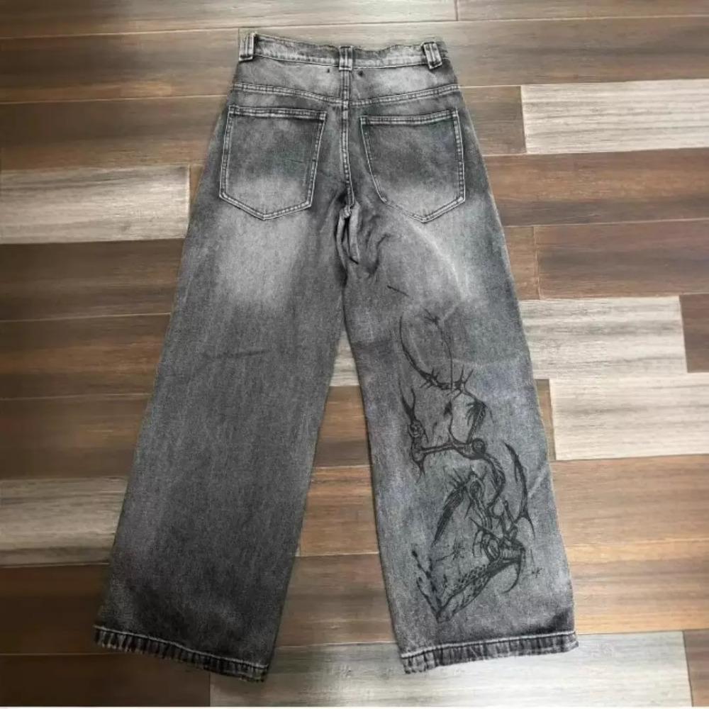 RogueWave American Harajuku Vintage Print Jeans Y2K Women Washed Gray Straight Pants Street Gothic Loose Unisex Trousers Tide