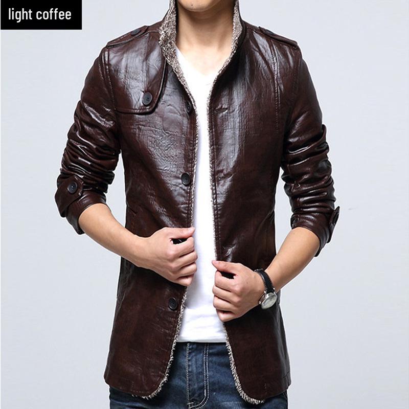 Men's Plus Size Motorcycle Style Leather Jacket with Fleece and Fur Integration