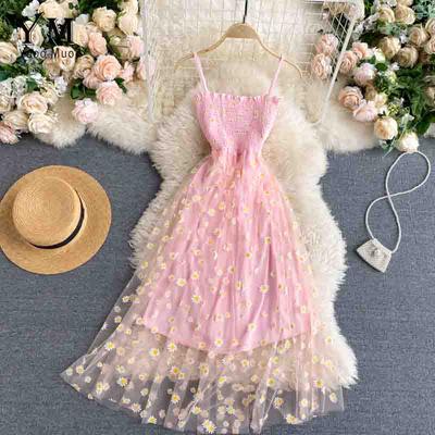 Vestido de malha estampado com margaridas da moda feminina, verão, cintura elástica dupla, vestido suspensório de férias, saia de praia