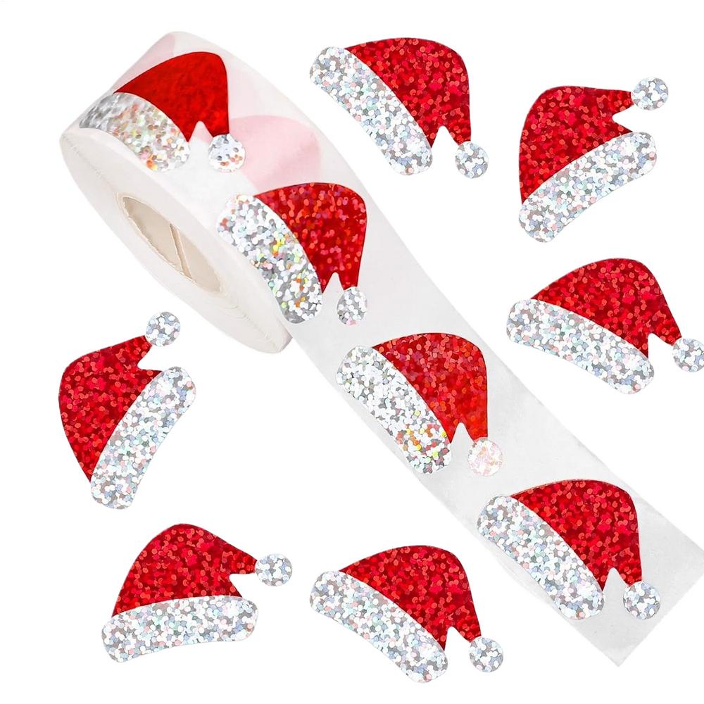 

500pcs Christmas Hat Stickers Cartoon Laser Gift Packaging Box Decoration Stickers Labels Envelope Gift Bag Sealing Sticker красный