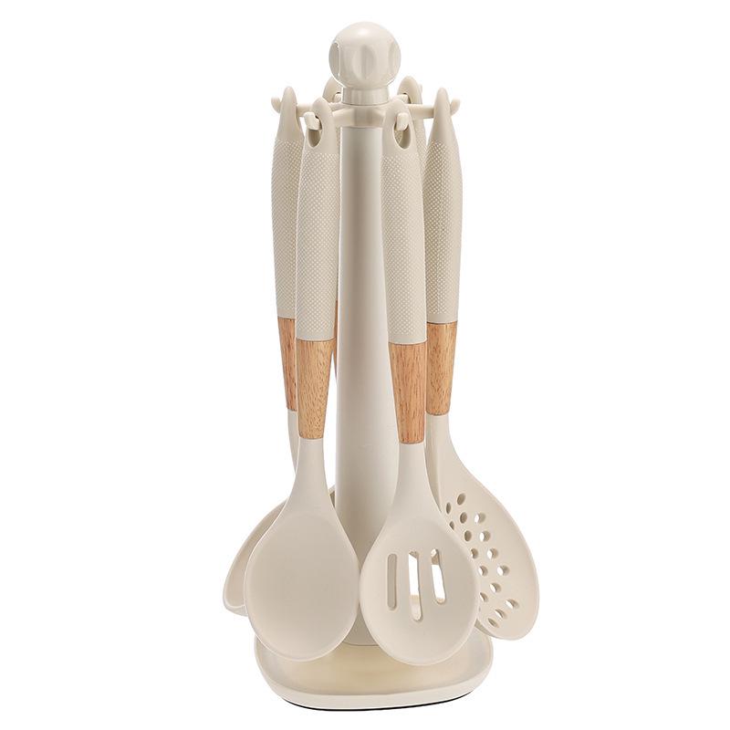 

In-Stock 7-Piece Silicone Kitchen Utensil Set with Wooden Handles, High-Temp Resistant, Non-Stick, Includes Spatula, Soup Ladle & Storage Rack