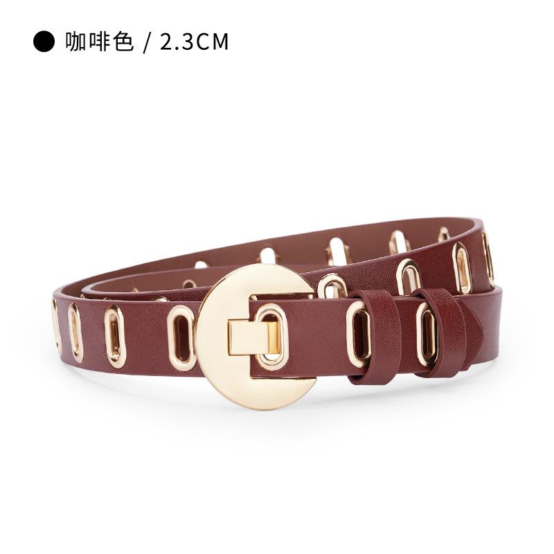 

105СМ Девочки Студент Пористый Круглая Пряжка Паровой Люверс Ремень Джинсовый Ремень для Женщин Золотой Овальный Модный Ремень для Мужчин 105cm коричневый