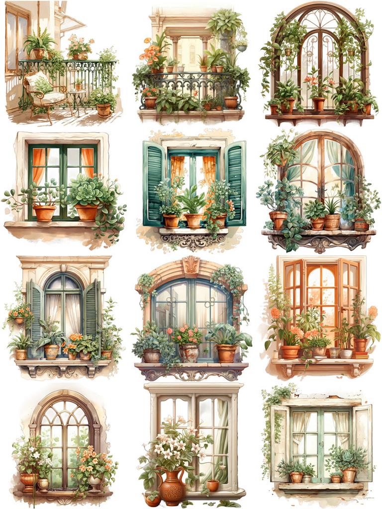 12Pcs/Pack Green Courtyard Sticker DIY Craft Scrapbooking Album Junk Journal Decorative Stickers