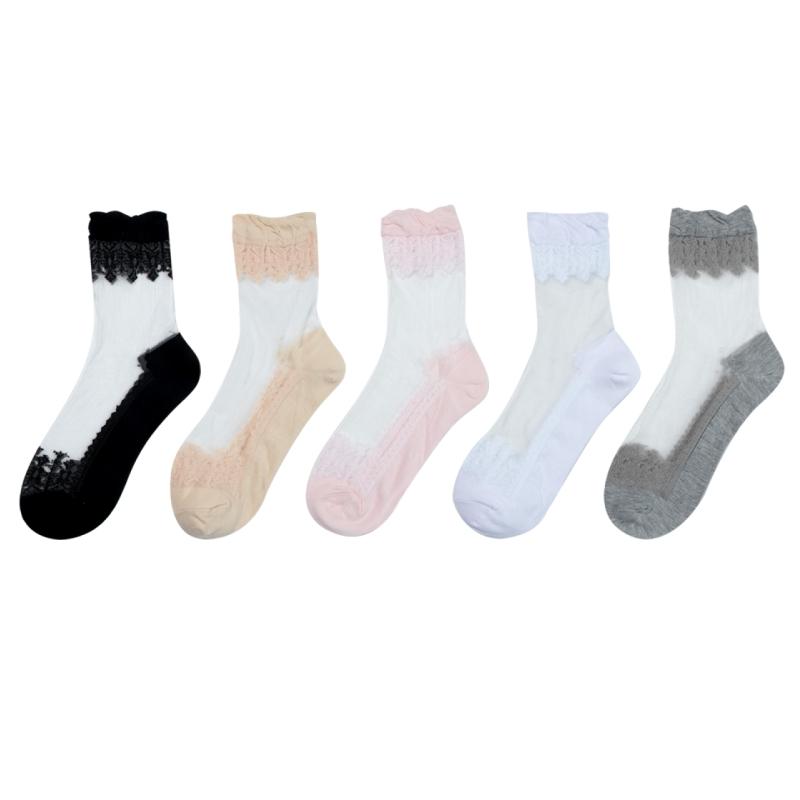 5 Pairs Ladies Ultrathin Lace Silk Socks Transparent Crytal Stretch Women Soft Elastic Breathable Socks