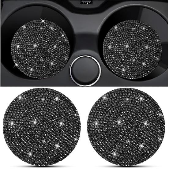 2PCS Bling Car Cup Holder Coaster, Crystal Rhinestone Non-Slip Ert Auto Cup Pads, Sparkling Vehicle Decor Bottle Mat Accessories For Women Girls,