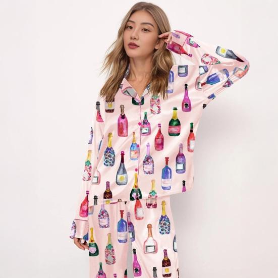 Women's Champagne Bottle Pajamas Set Long Sleeve Button Down Shirt And Pants Sleepwear Set Casual Wine Glasses Print 2 Piece Homewear Set