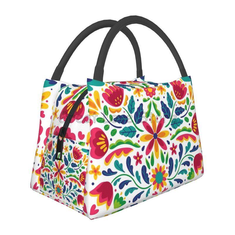 Mexikanische Blumen Florale Kunst Thermische Lunchtasche Damen Tragbar Isoliert Kühlertasche für Picknick Strand Arbeit Wiederverwendbare Brotdosen Taschen