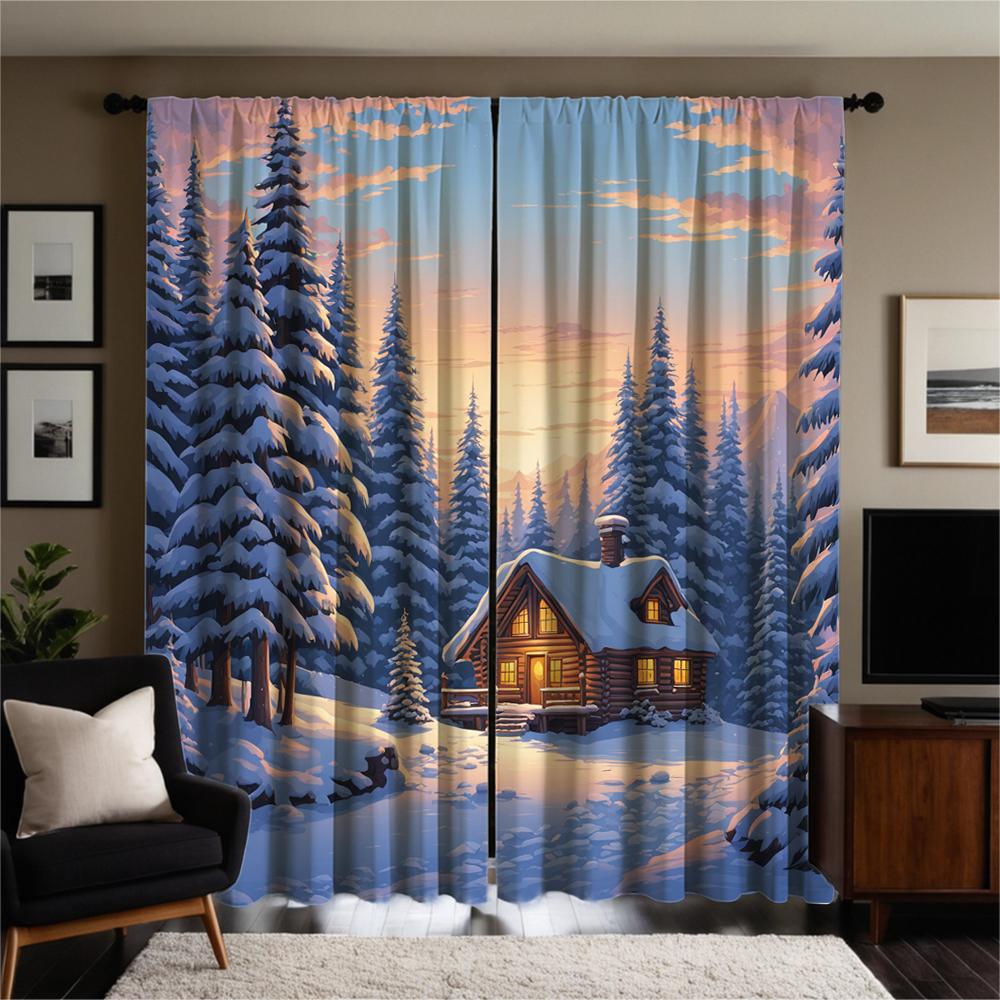 Piece Set High Definition Digital Printed Curtainwinter Snowy Forest Cabin Warm Light Curtainshome Decoration St Curtain Polyester With Rod Pocket
