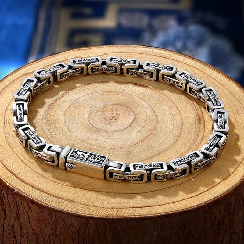 HX Silver 4mm/5mm Smycken Herrarmband Personlighet Fredsmönster Retro Hipster Nyckelmönster Spänne Present Accessoar Kedjeserie