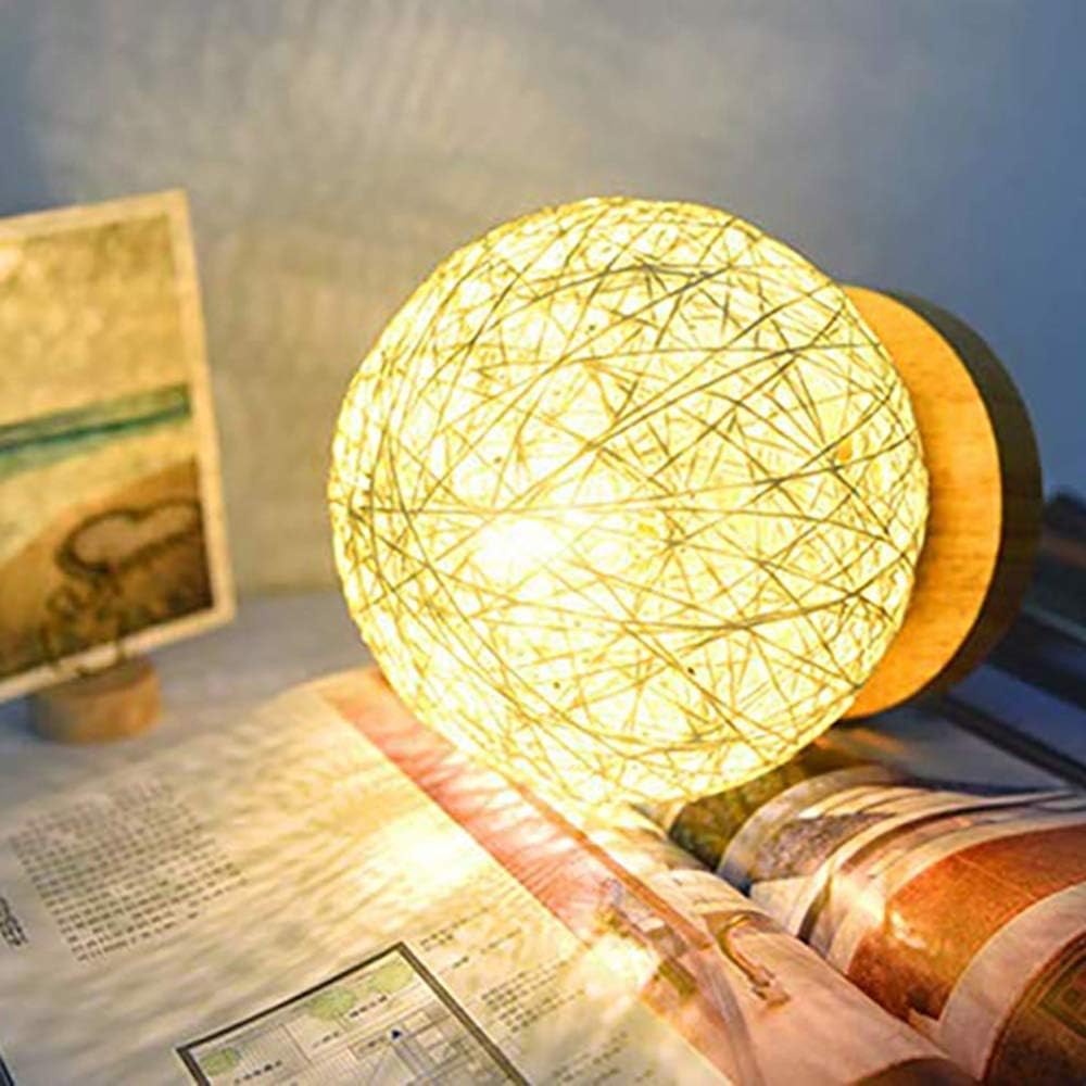 Wooden Table Lamp Night Light LED Bedroom Atmosphere Lamp Rattan USB Rechargeable for Bedroom Living Room Bedside Modern Decoration Gift (Cream Colour
