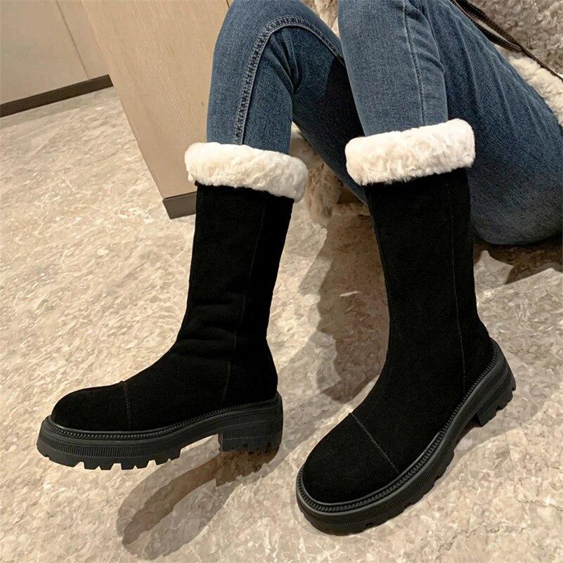 Meotina Bottes mi-mollet en cuir véritable pour femmes, bout rond, talons épais, plateforme, laine, daim, chaussures de mode pour dames, hiver 40