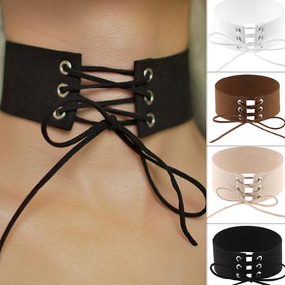 Damen Vintage Punk Gothic Lace Up Faux Wildleder Wide Choker Short Halskette