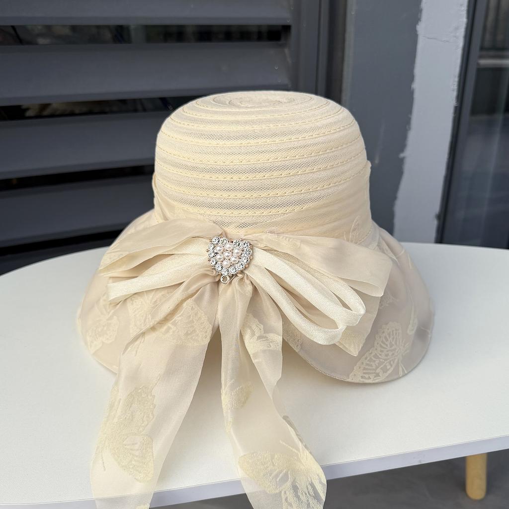 New Eugen Yarn Basin Hat Women's Summer Diamond Buckle Bow Sun Protection Sun Hat Fashion Mesh Sun Hat
