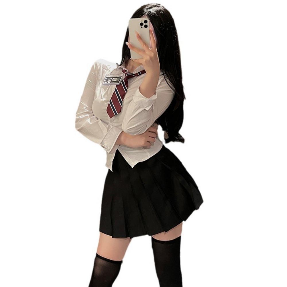 JK Uniform Pure Desire Spice Girl Waist Short Sleeve Women's Japanese College Style Long Sleeve White Shirt Short Skirt Sex Underwear