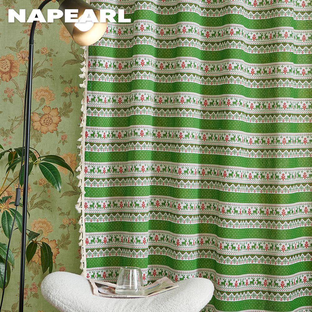 1PC NAPEARL Christmas Style Cotton Linen Green Red 40% Semi Blackout Window Drapes With Tassels For Small Window Living Room Festival Decor