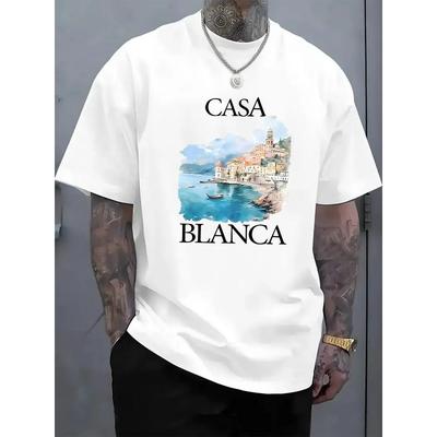 Europäische Größen Herren Big & Tall T-Shirt - Lockeres Casual Tee mit Casa Blanca Küstenmotiv | Weiches atmungsaktives Gewebe, Rundhalsausschnitt
