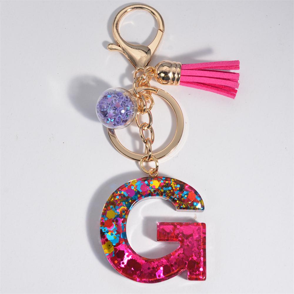 Fashion Tassel Star Ball 26Letters Keychain Colorful Sequins Resin Key Ring for Women Girls Car Handbag Phone Case Pendant Gifts