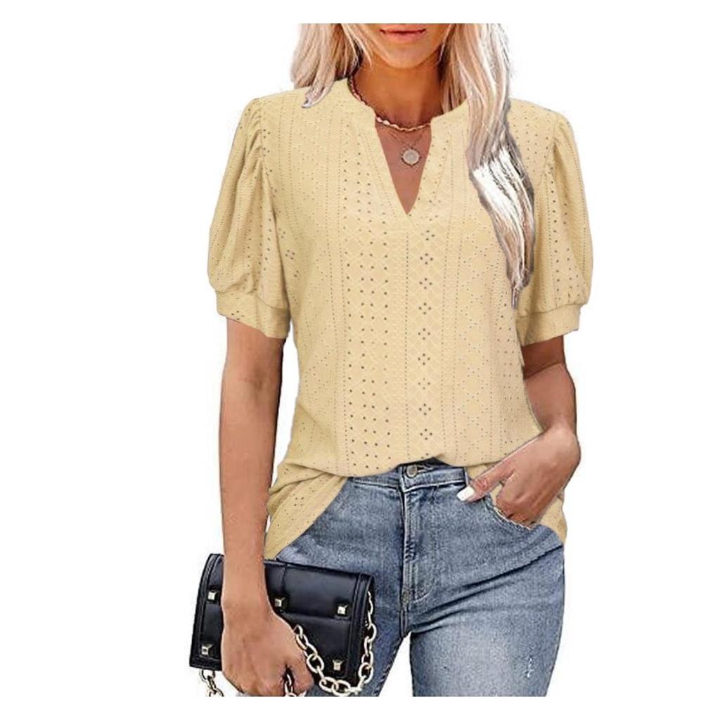 Women's V-neck Tops Short Sleeve T-shirts With Cut Out Lace Detail