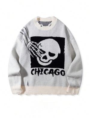 Andre Men's Retro Skull Knit Sweater - Trendy Loose Y2K Top