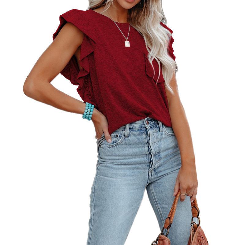 New 2026 Women's Round Neck Double Layer Ruffle Top Short Sleeve Casual T-Shirt