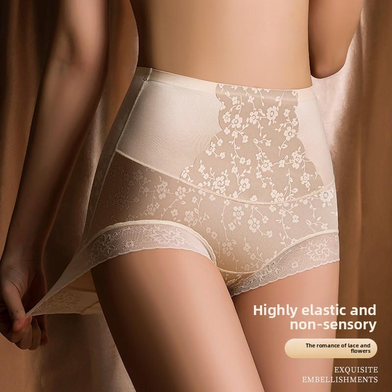 Ladies Spring and Autumn New Style Palace Flowers High Waist Abdominal Lift Hip Close Skin Without Trace Naked Sense Briefs