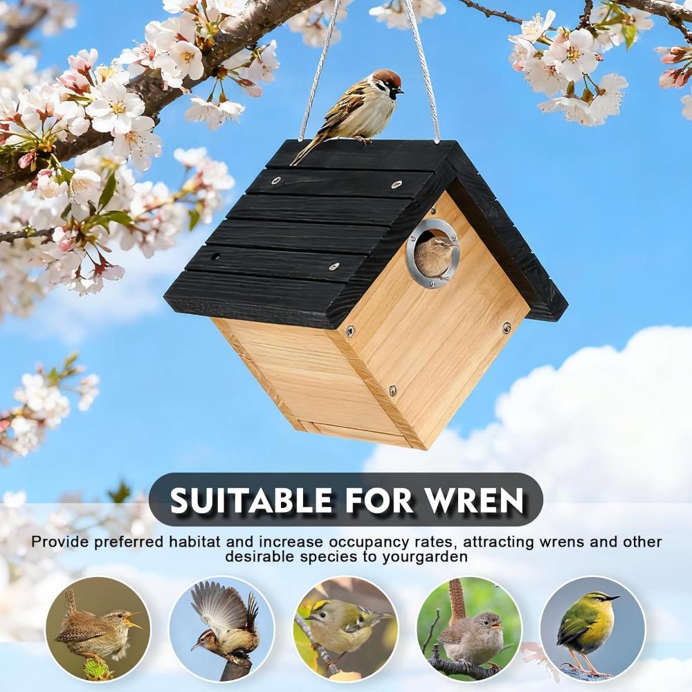 Hanging Wren Bird Houses for Outside Cedar Wooden Bird Houses for Outdoors, Bird Nest with Air Vents Entrance Hole