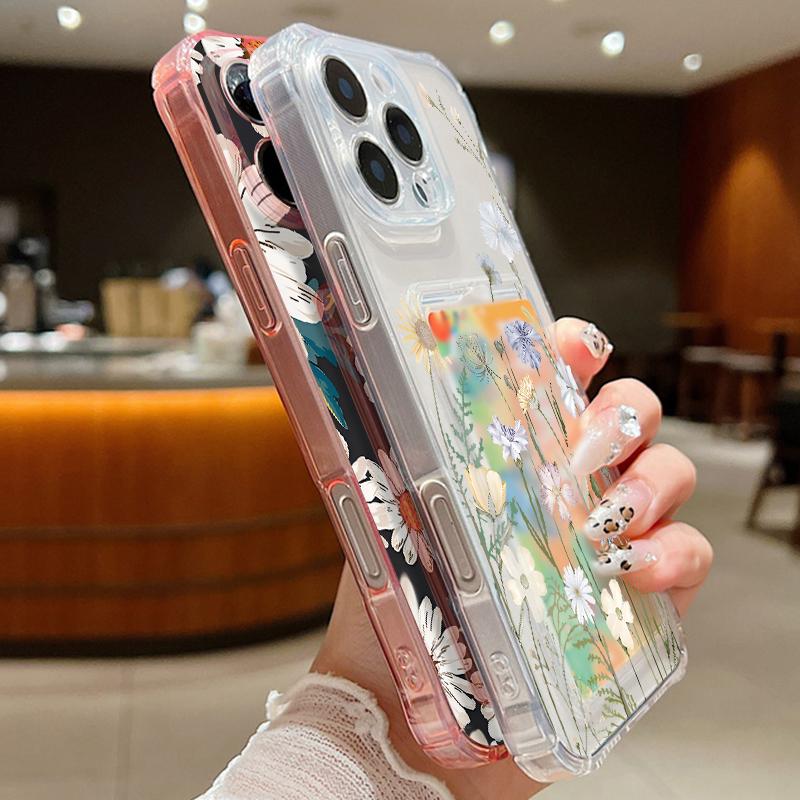 Flowers Print Card Slot Phone Case For iPhone Air 16e 17 16 15 Pro Max 14 13 Pro Max Shockproof Clear Soft Silicone Cover