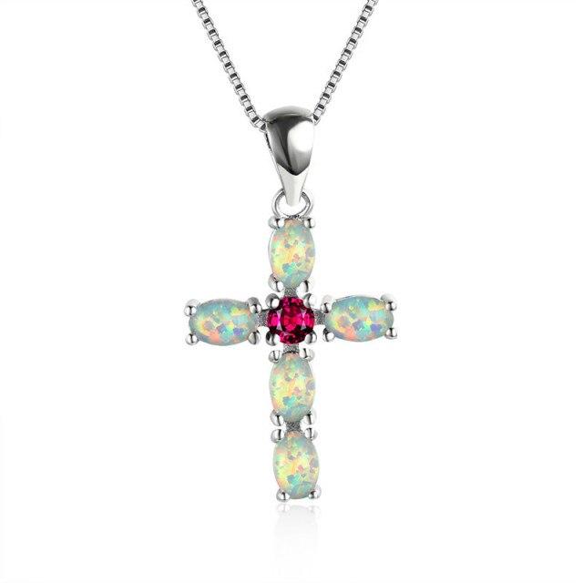 White Green Orange Opal Cross Pendant Birthstone Necklaces For Women Vintage Fashion 925 Silver Chain Red Blue Zircon Necklace