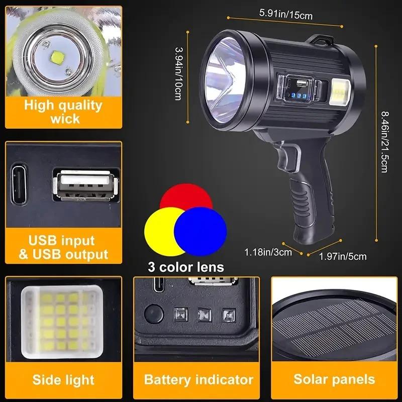 Super Bright Spotlight High Lumens LED Handheld Large Flashlight Outdoor With Solar Charging Searchlight Toch For Camping