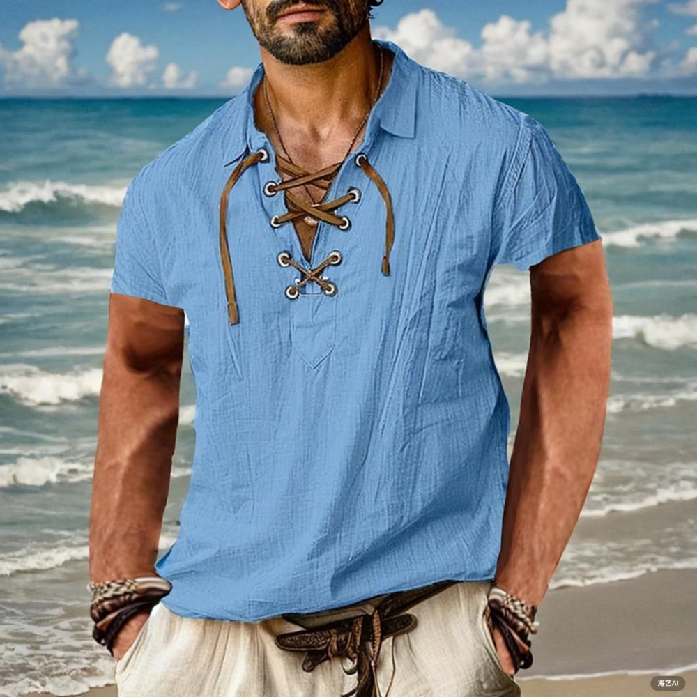 Men's Linen Shirts Long Sleeved Lace Up V Neck Casual Blouse Spring Summer Thin Front Tees Tops Breathable Men Clothing