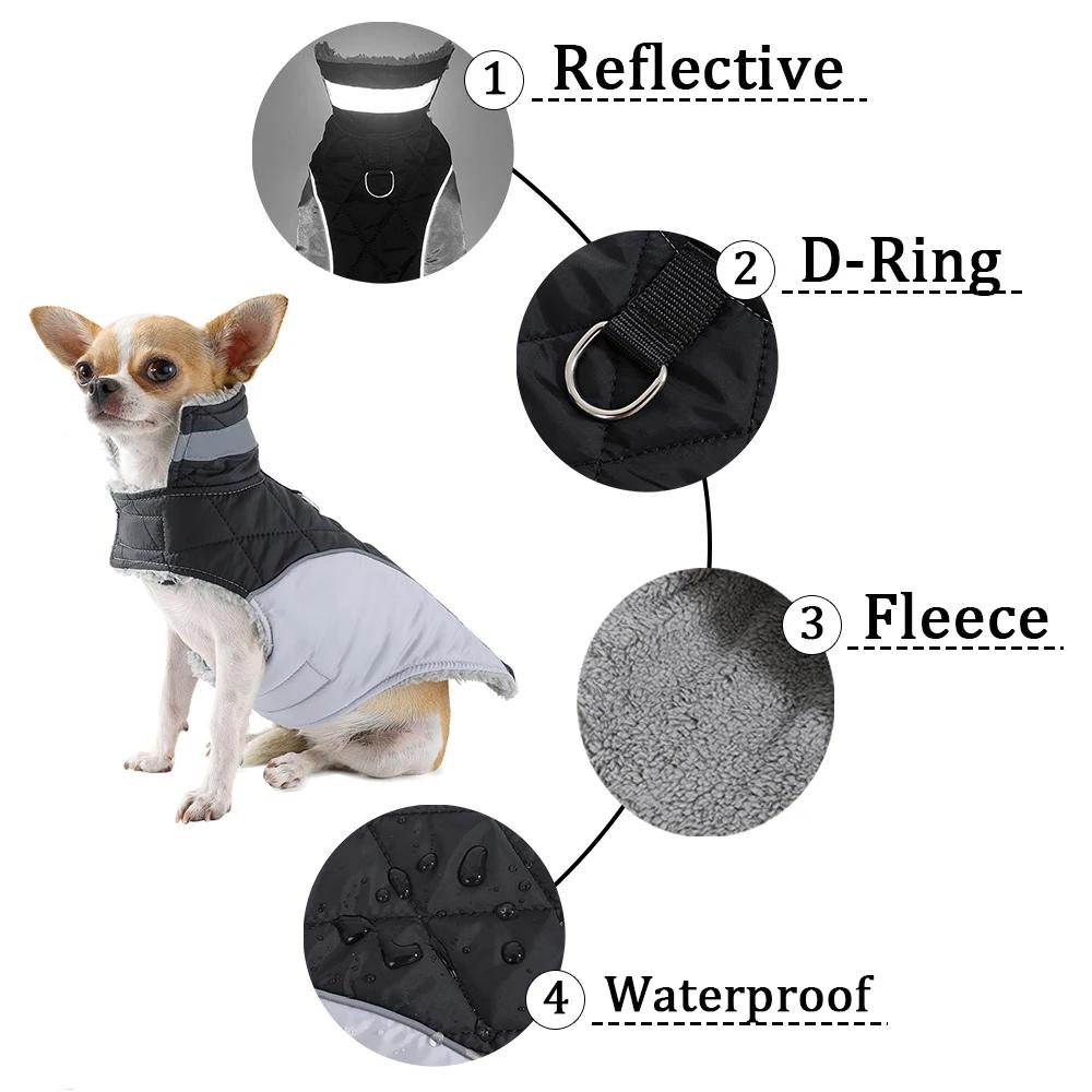 Windproof Pet Jacket Coat Winter Reflective Puppy Clothes Thicken Fleece Outfit With D-ring For Small Big Dog Chihuahua Labrador