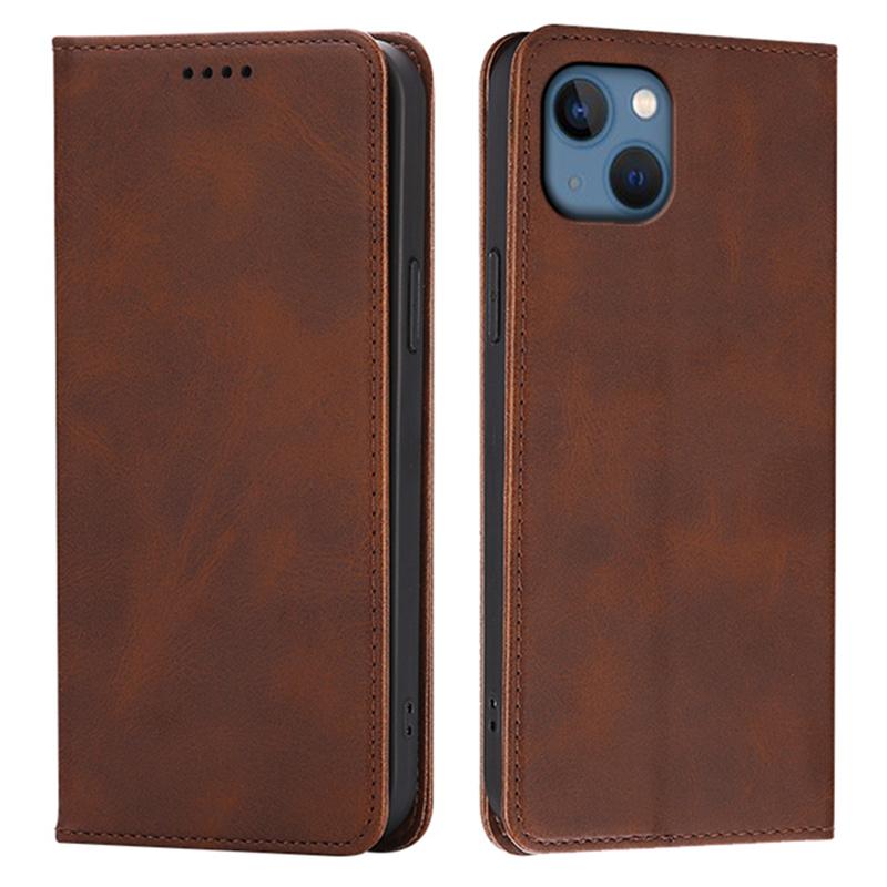 

For iPhone 14 Case Wallet Calf Texture Leather Phone Cover with Hidden Magnetic Closure Brown