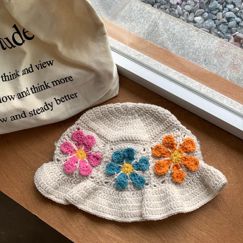 Spring and Autumn Niche Colorful Flowers Hollow Knitted Hat Female Fisherman Hat Big Brim Showing Face Small Sunshade Basin Hat