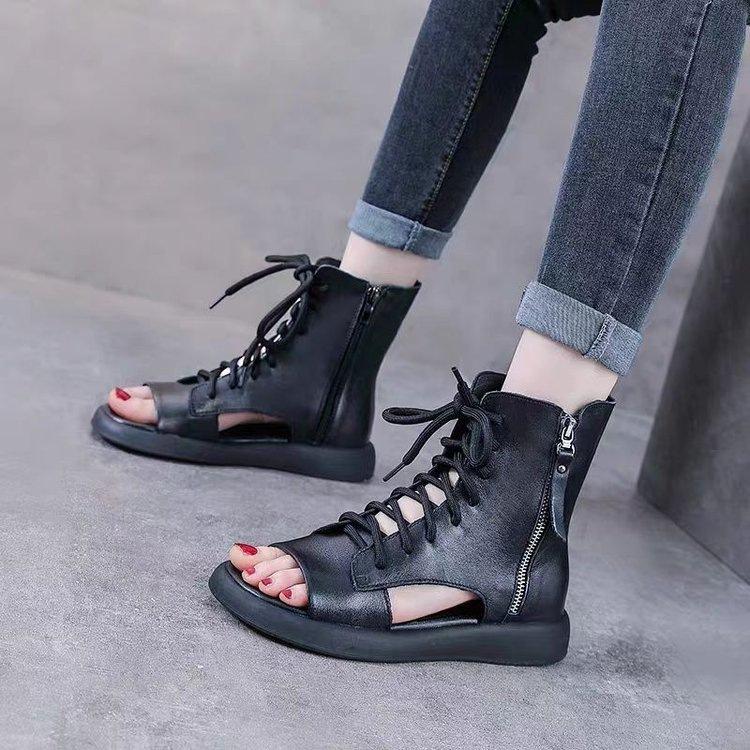 Roman Sandals High-top Fish Mouth Sandals Women's Flat-bottomed Breathable Retro Martin Boots 2025 Summer New Hollow Straps