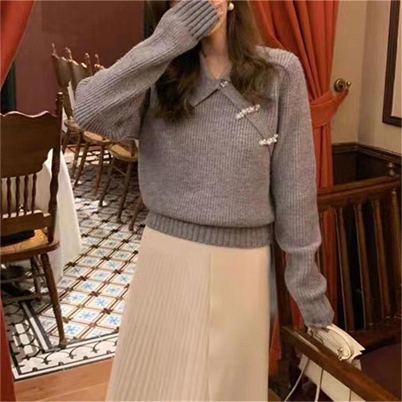 Polo collar loose pullover autumn and winter antique new top lazy chic knitted sweater women's trend