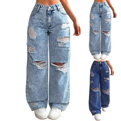 Damen Jeans mit hoher Taille und gewaschener Optik, modische, vielseitige Hose mit geradem Bein