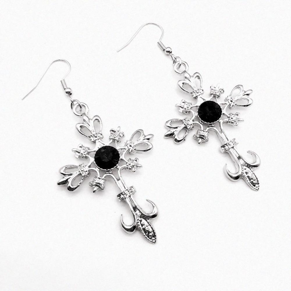 Gothic Punk Hollowed-out Cross Anchor Red Zircon Pendant Dangle Earrings for Women Personality Charm Hoop Earring Jewelry Gifts