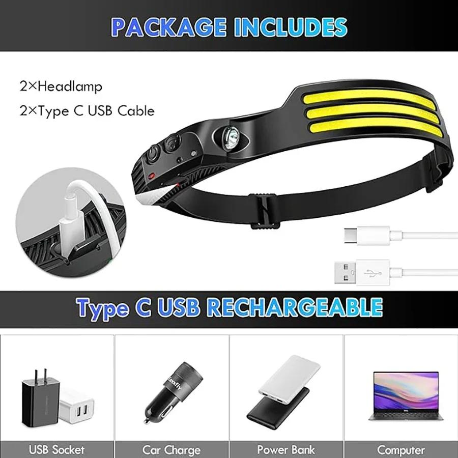 USB Rechargeable COB LED Induction Headlamp with 1200mAh Built-in Battery Head Flashlight Outdoor Camping Fishing Head Lantern